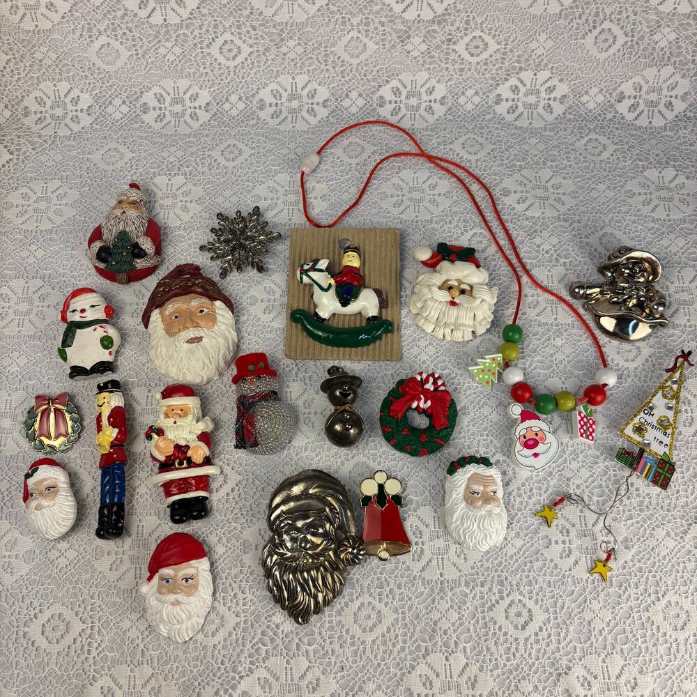 Vintage Christmas Ornament Pin Lot Santa Snowman Brooches Holiday Decor 20pc